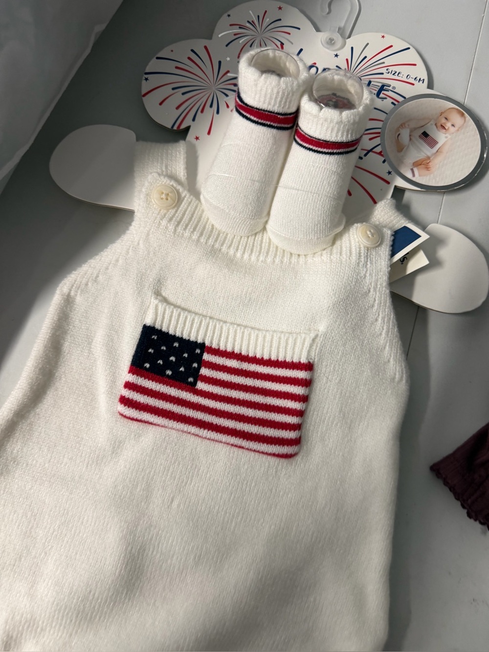 So adorable 0/6 month white knitted bubble and booties with flag new with tags